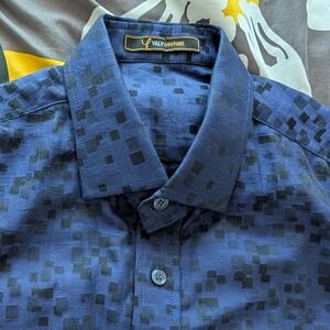 Tailored Yaly Couture Mens XS 34" Navy Blue Geometric Cotton Short Sleeve Shirt